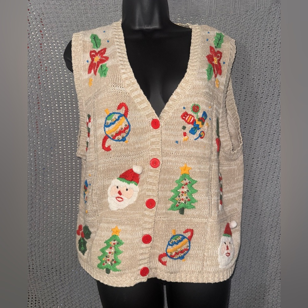 Vintage White Stag Large Festive Whimsical Christmas Sweater Vest Santa Tree